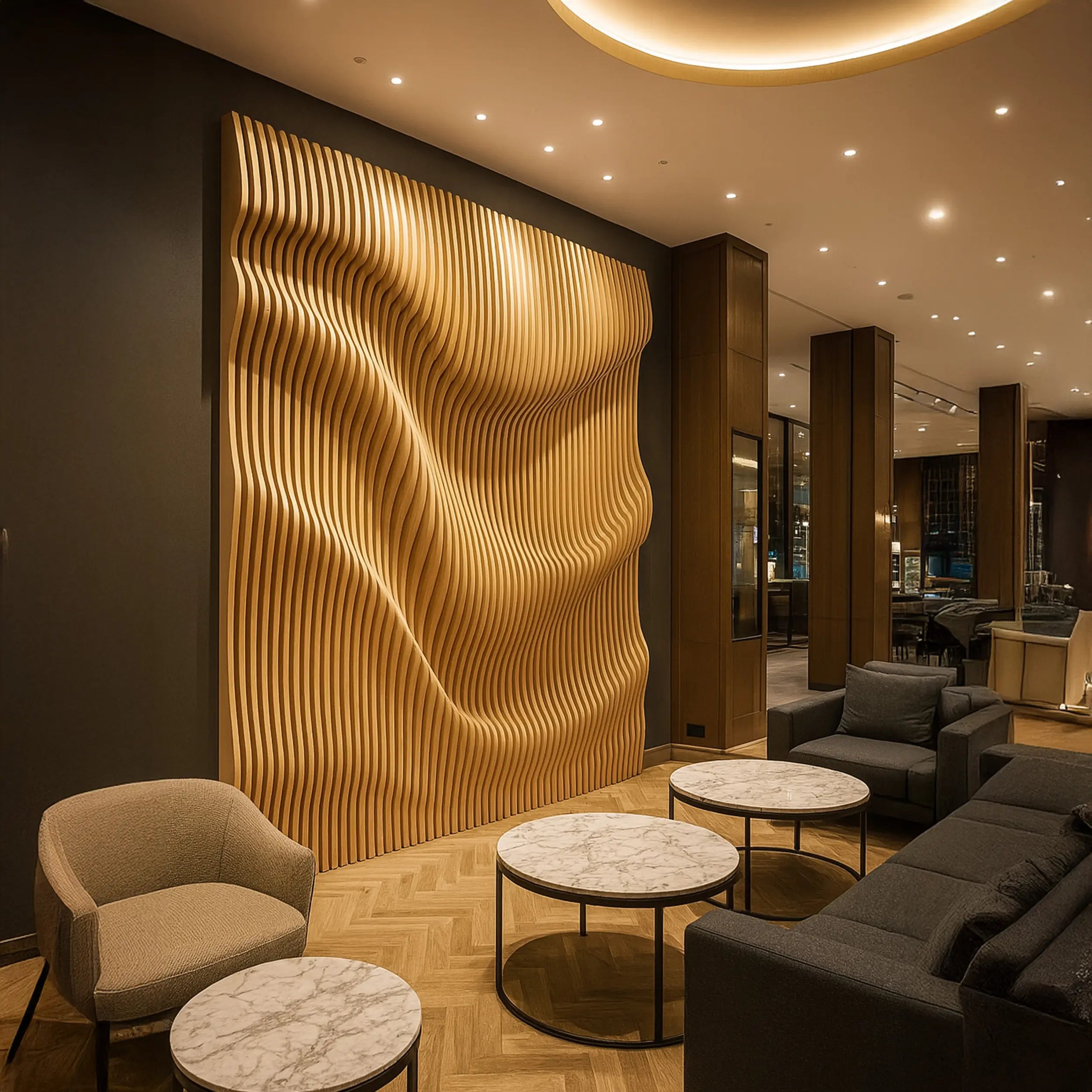 Modern interior design with textured wall, chairs, and tables in a stylish room.